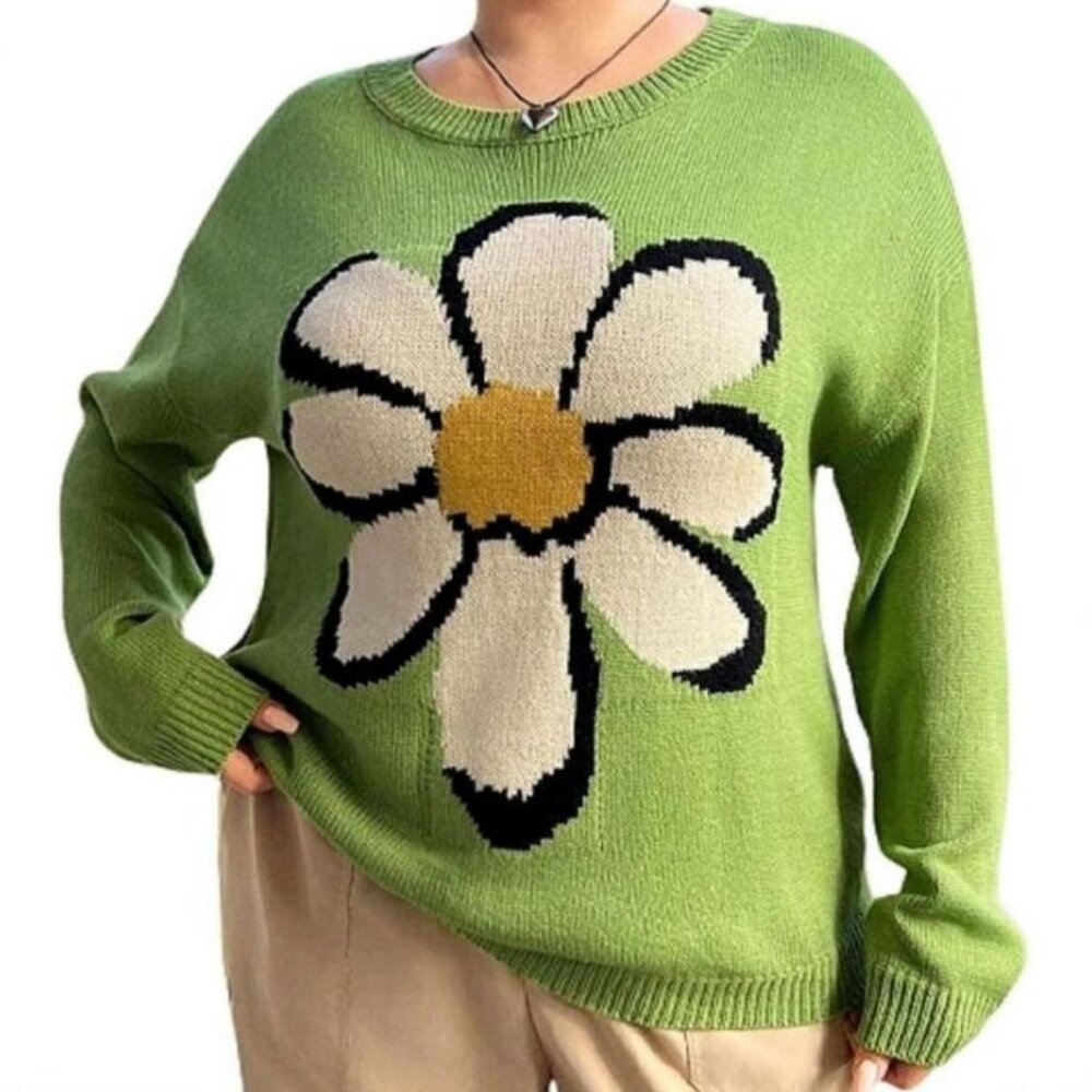 SHEIN Curve Green Daisy Hippy Flower Sweater